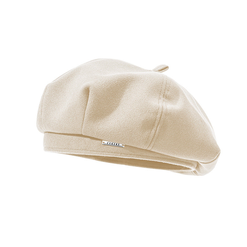 Autumn and Winter New Metal Standard Beret Children Big Head Circumference Show Face Small Reverse Wear Woolen Forward Hat