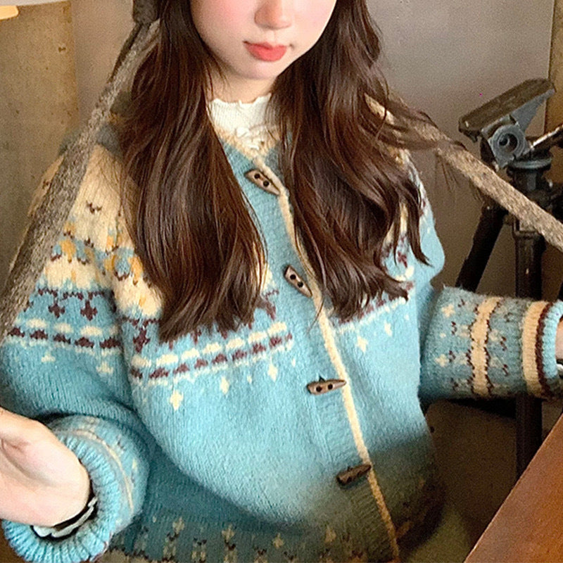 Jacquard Sweater for Women's Autumn and Winter New Horn Buckle Knitted Cardigan Jacket for Women