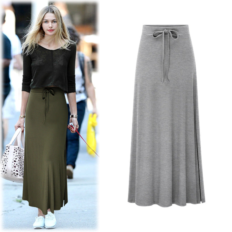 Large Size Women's Clothing Fashion Knitted Skirt High Waist Medium and Long Slit A-shaped Skirt Elastic Over The Knee