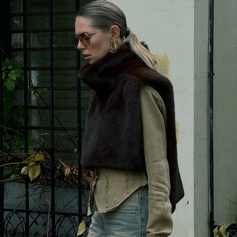 Slim Faux Fur Vest Mock Neck Quilted Sleeveless Top Solid Color Winter