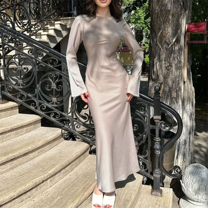 Élégant French Dress: Solid Color, Long Sleeve Bodycon Midi Skirt - Timeless Fall Transition