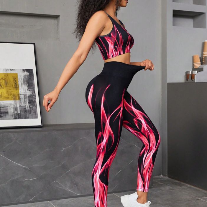 Edgy Boho Aurora Print Yoga Set｜High-Waist Breathable Sports Bra & Shorts｜Peach Hip Lift & Belly Control｜Workout & Daily Wear