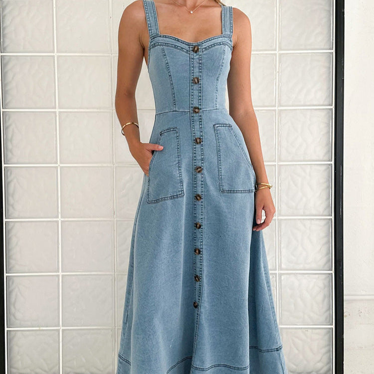 Summer Denim Halter Dress High Waist Long Maxi - Slim Fit Commuting Retro Style