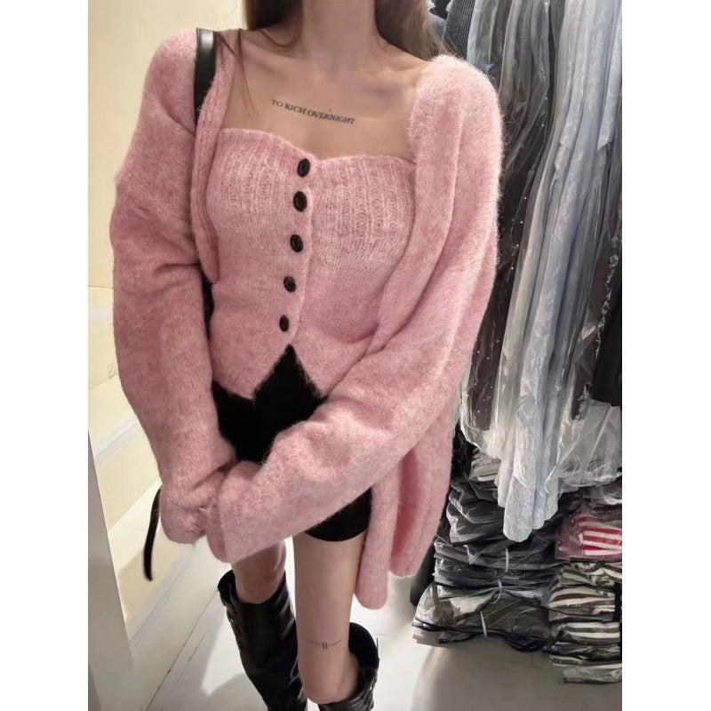 Sexy Tube Top Cardigan Women's Autumn and Winter New Gentle Soft Waxy Lazy Wind Sweater-2 PCS SET