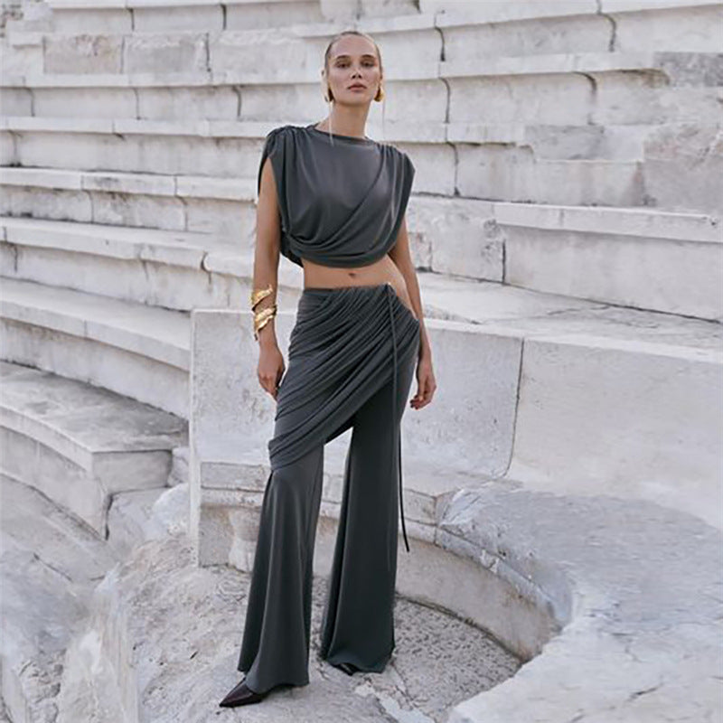 Trendy Women’s Pleated Round-Neck Tee & Asymmetric High-Waisted Trousers Set - Fall Winter Essentials