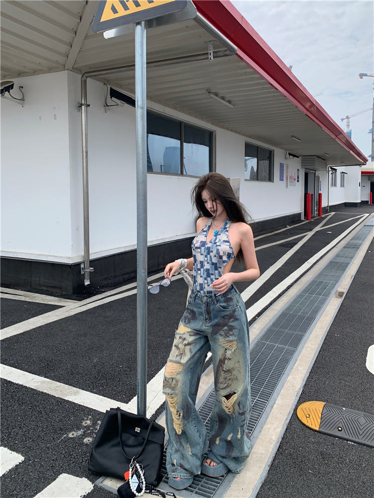 Retro Tie-dye Wasteland Wind Ripped Wide-leg Jeans Women's Summer Design Sense High Waist Thin Straight Mopping Pants