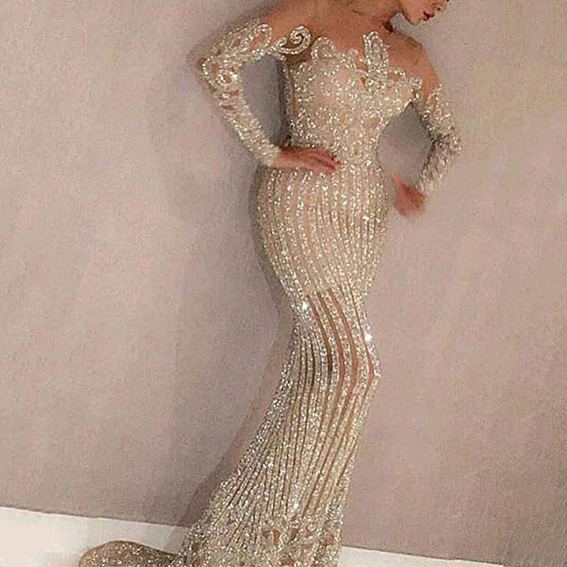 Long Dress Mid-waist Temperament Commuter Gold Sequins Solid Color Chest Wrap Elastic Gold Slim Dress