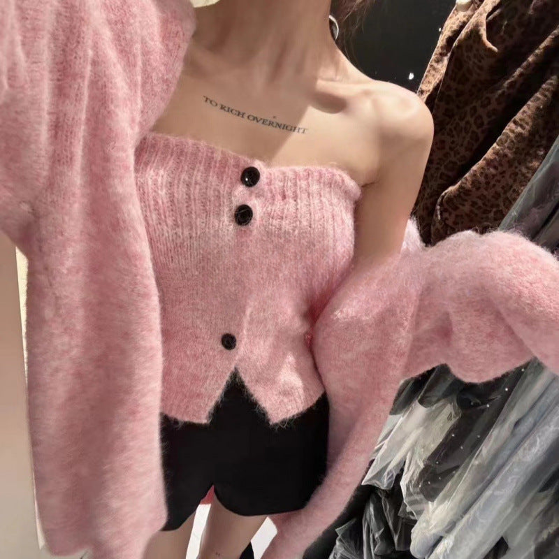 Sexy Tube Top Cardigan Women's Autumn and Winter New Gentle Soft Waxy Lazy Wind Sweater-2 PCS SET
