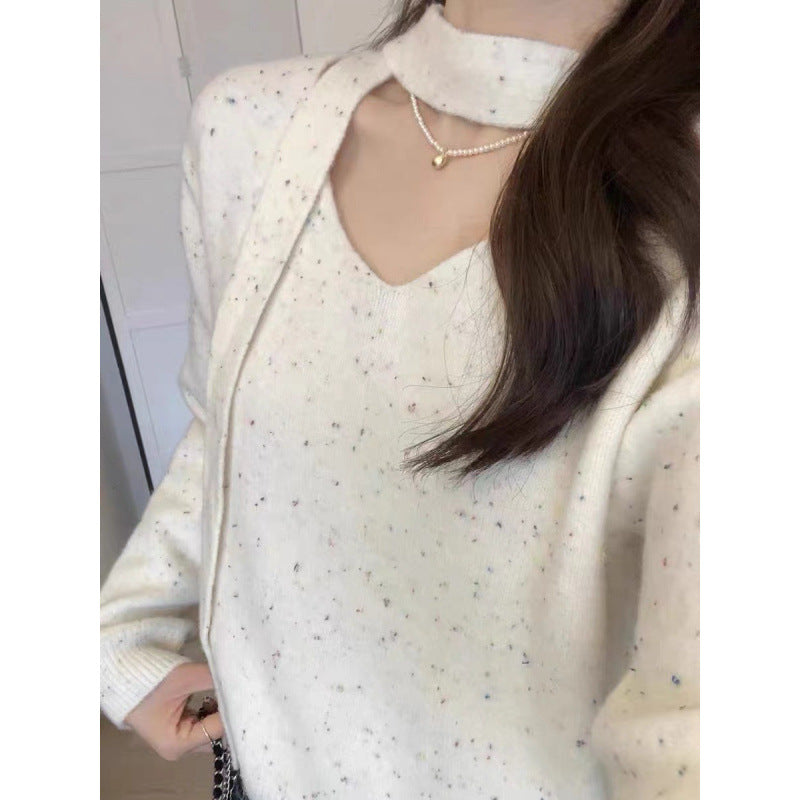 Design Sense Streamer Color Point Soft Waxy Red Sweater Women's New V-neck Bottoming Knitted Sweater