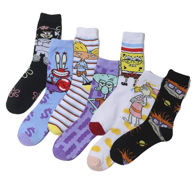 Male Personality Medium Tube Cotton Sponge Cartoon Crab Boss Female Cartoon Long Tube Animation Men's Socks-5PRS
