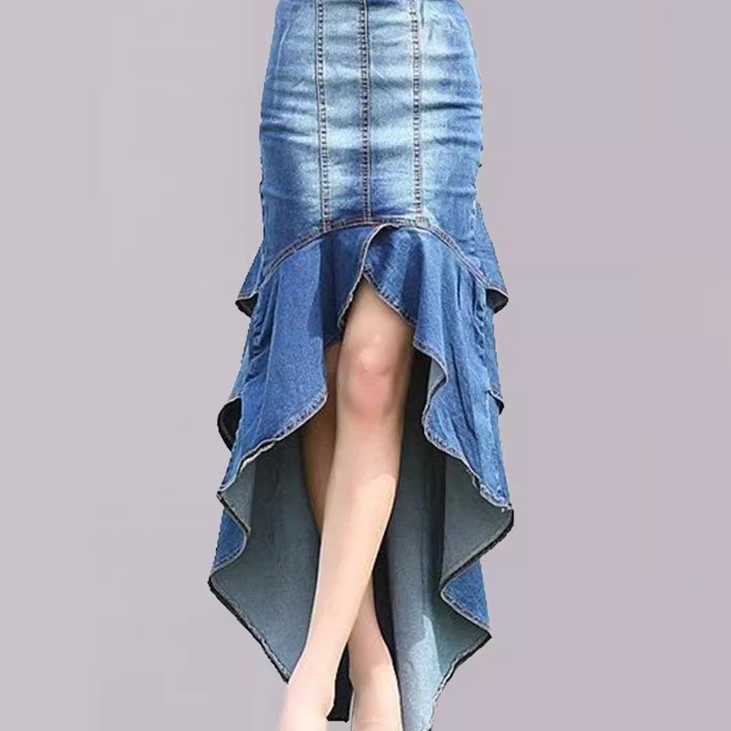 Elegant Bland Washed High and Low Ruffled Denim Tight Dress