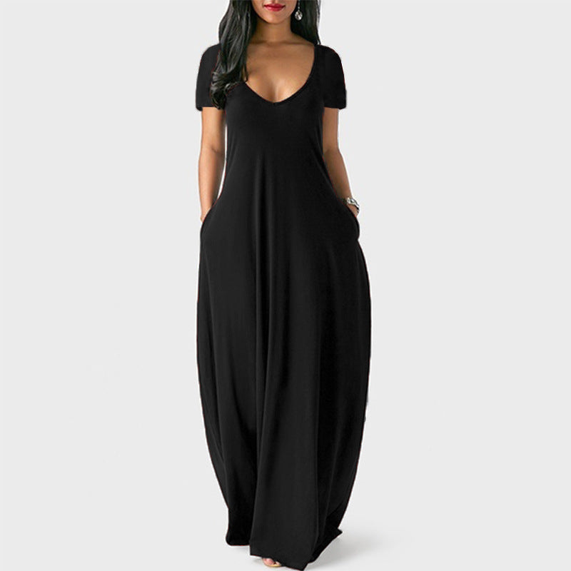 Summer Trending Plus Size Solid Color Maxi Dress - Sexy Deep V-Neck Short Sleeve