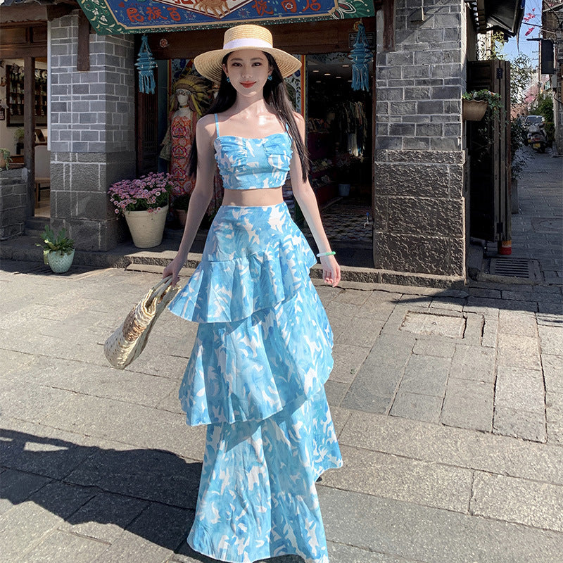 Sexy Y2K Summer Co-ord Set: Printed Crop Top & High-Slit Skirt Two-Piece Outfit