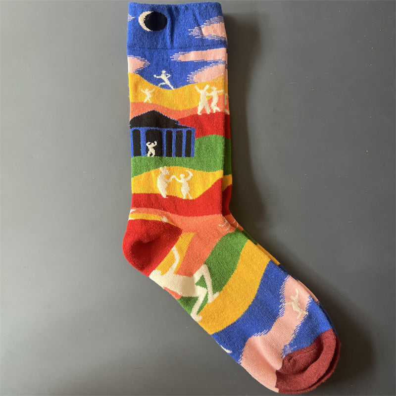 New Product Mid Calf Socks Women Oil Painting Socks Niche Fun Literary and Artistic Color Socks