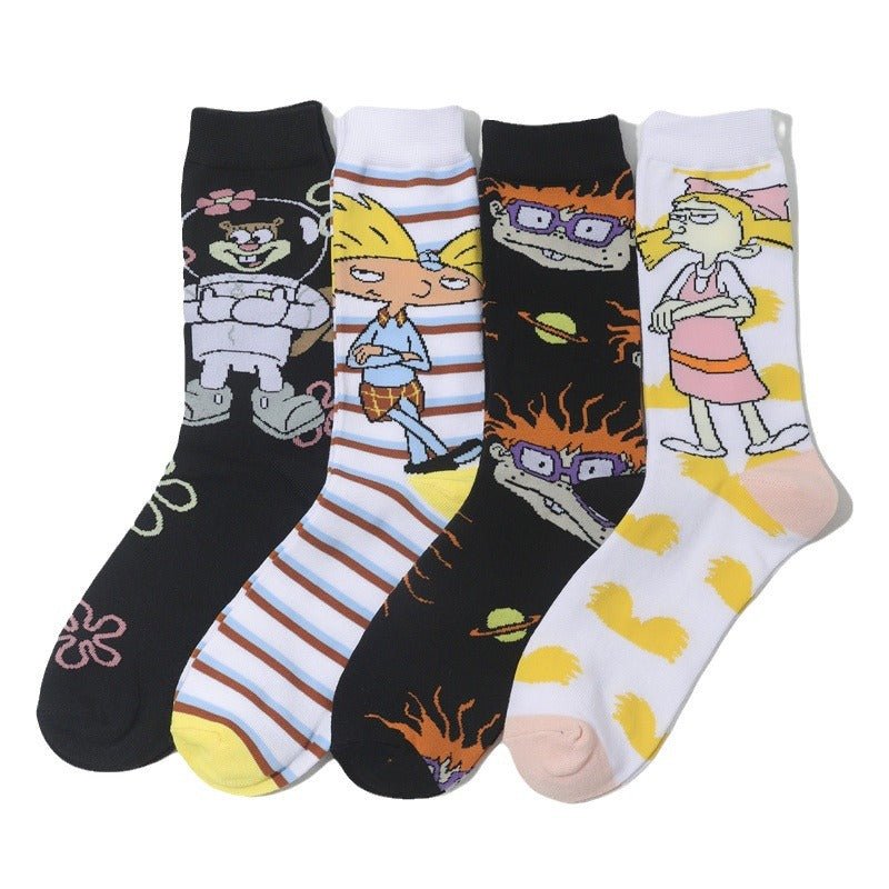 Male Personality Medium Tube Cotton Sponge Cartoon Crab Boss Female Cartoon Long Tube Animation Men's Socks-5PRS