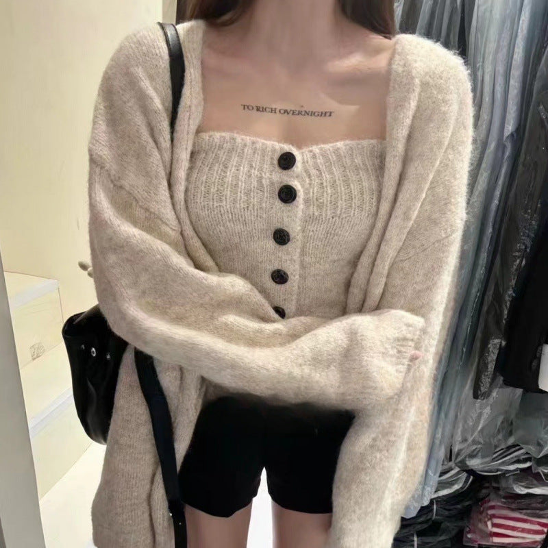 Sexy Tube Top Cardigan Women's Autumn and Winter New Gentle Soft Waxy Lazy Wind Sweater-2 PCS SET