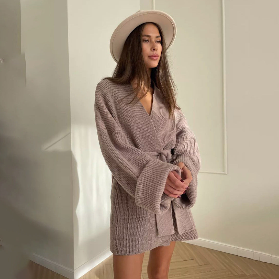 Lace-up Bathrobe Wind Knitted Sweater Women's Autumn and Winter Lazy Wind Jacket Medium and Long Cardigan