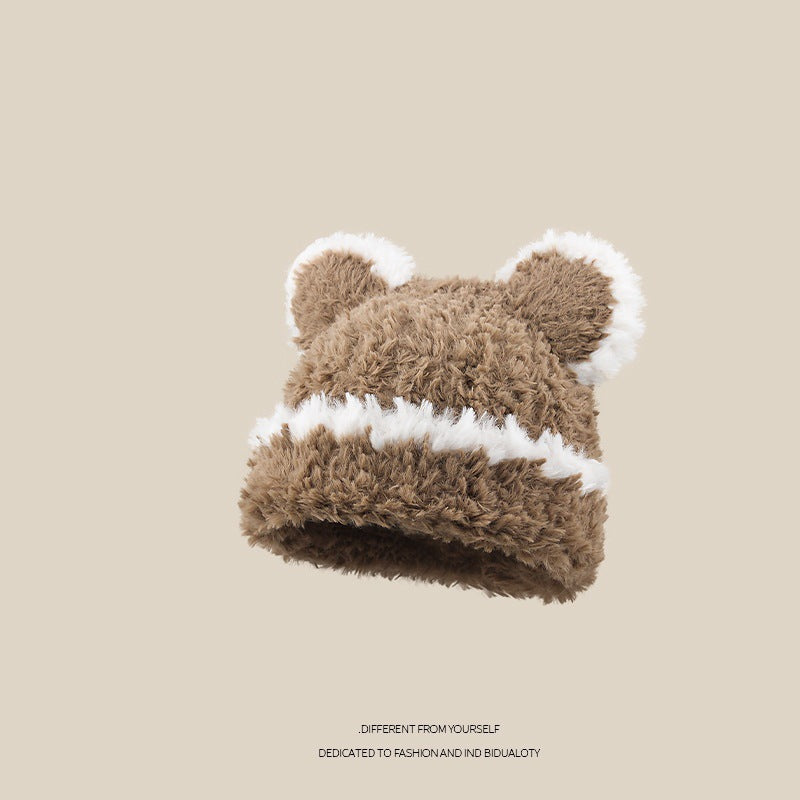 New Knitted Hat Children's Winter Wool Stripes Show A Small Face Plush Warm Thickened Large Head Circumference Ear Protectors Stacking Hat