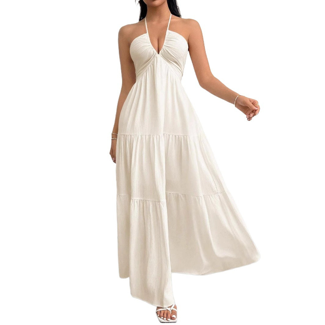 Coquette Beach Dress | Halter V-Neck White Pleated A-Line | Romantic Vacation Dress