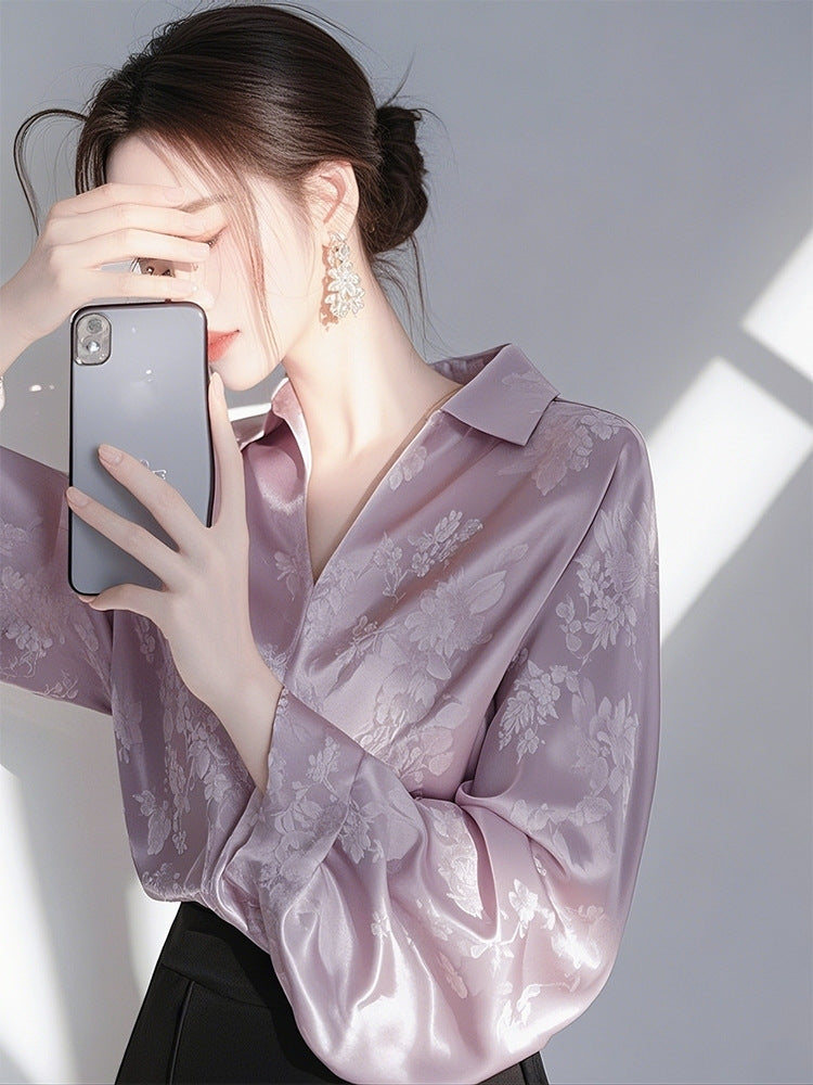 Women’s Purple Satin Jacquard Blouse - French Vintage Fall Long Sleeve Elegant Shirt