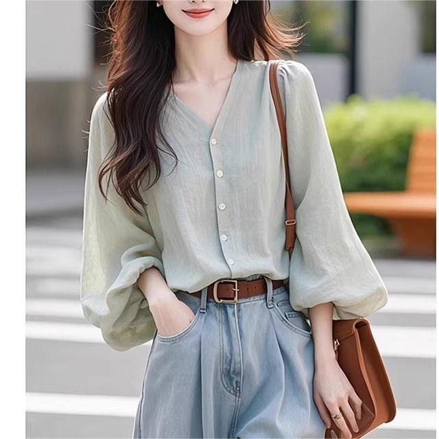 Puff Sleeve V-Neck Tunic: Women’s Cotton-Linen Blend Breathable Top for Fall Casual & Work - Minimalist Elegance