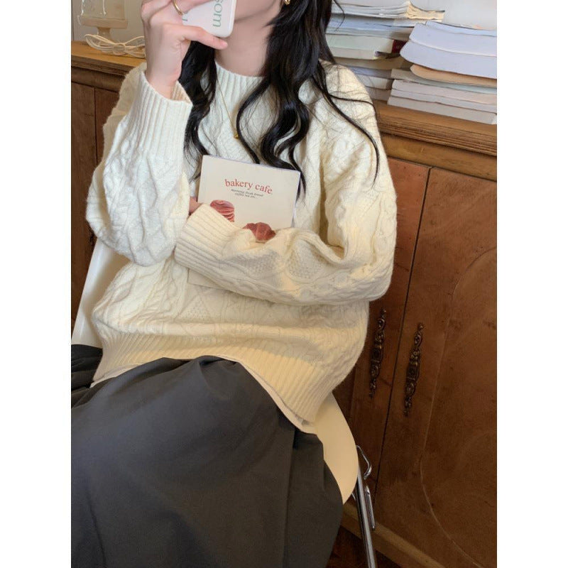 New Year's Red Twist Sweater Women's Autumn and Winter New Retro Lazy Wind Round Neck Pullover