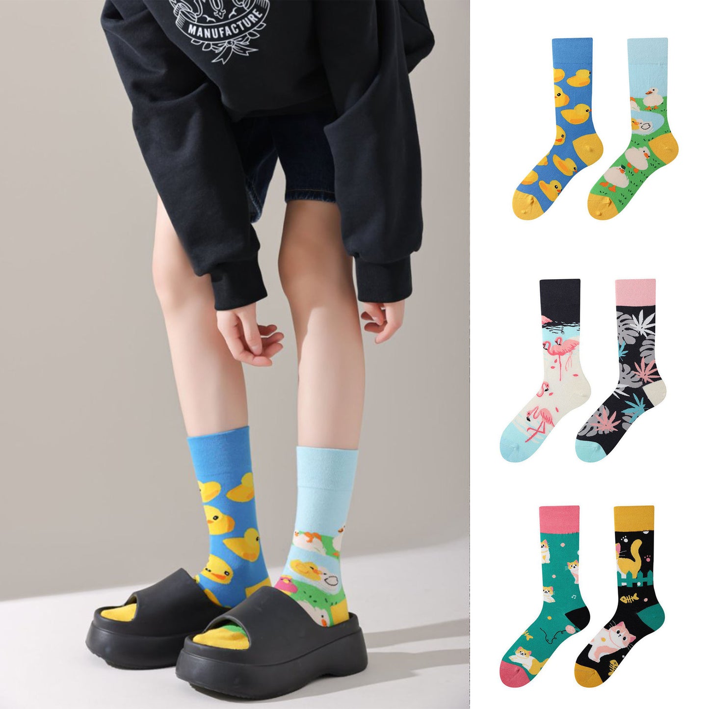 New Four Seasons Men's and Women's AB Original Design Asymmetrical Tide Socks Mandarin Duck Socks Street Tide Socks Cross-border