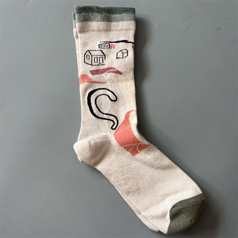 New Product Mid Calf Socks Women Oil Painting Socks Niche Fun Literary and Artistic Color Socks