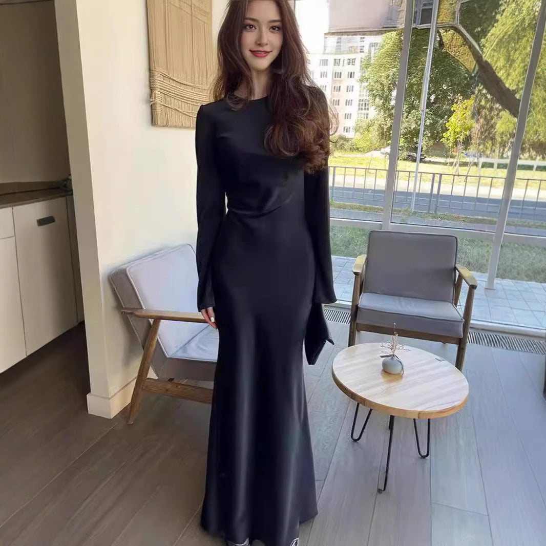 Élégant French Dress: Solid Color, Long Sleeve Bodycon Midi Skirt - Timeless Fall Transition