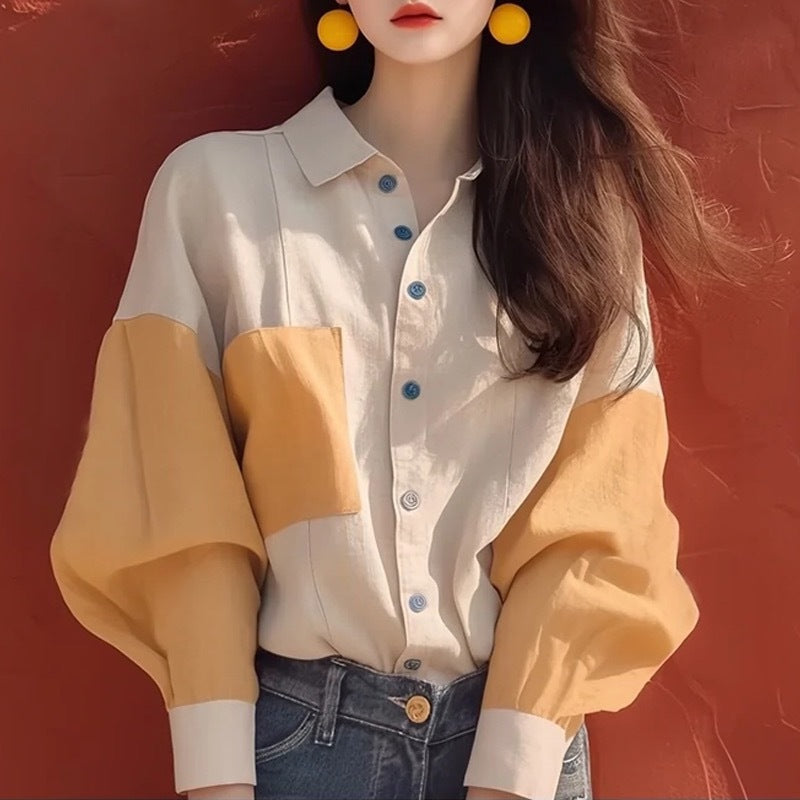 French Wrap Creamy Apricot Top: Crinkle Seaming Long Sleeve Blouse for Women - Autumn Transition Work to Café Style