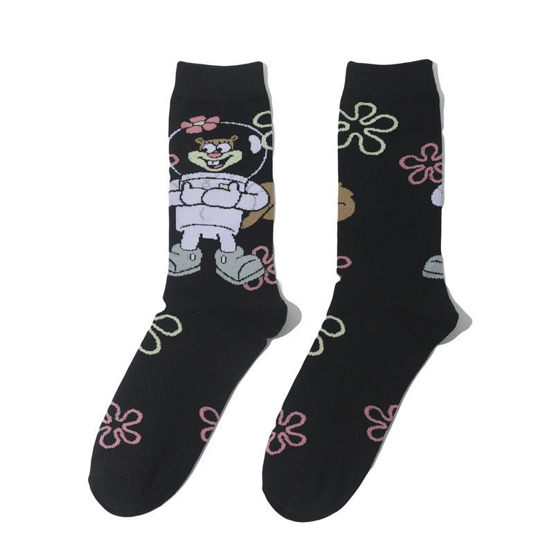 Male Personality Medium Tube Cotton Sponge Cartoon Crab Boss Female Cartoon Long Tube Animation Men's Socks-5PRS
