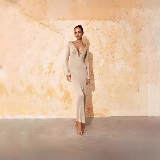 V-neck Sexy Long Knitted Dress, Ring Halter Long-sleeved Sweater Skirt