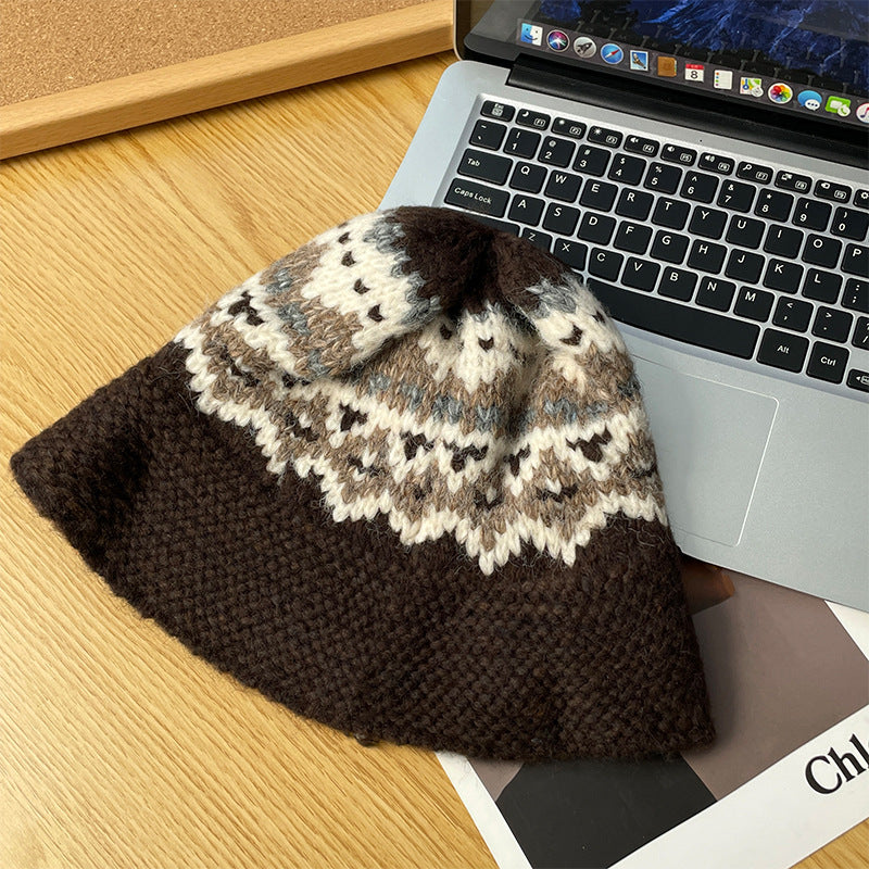 Retro Wool Hat Autumn and Winter Women's Warm Ear Protection Versatile Face Small Color Matching Warm Knitted Bucket Hat