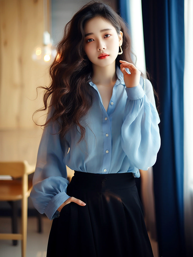 Healing Blue Crinkle Chiffon Top: Spring Airy Lantern Sleeve Blouse for Women - Work to Garden Minimalist Style