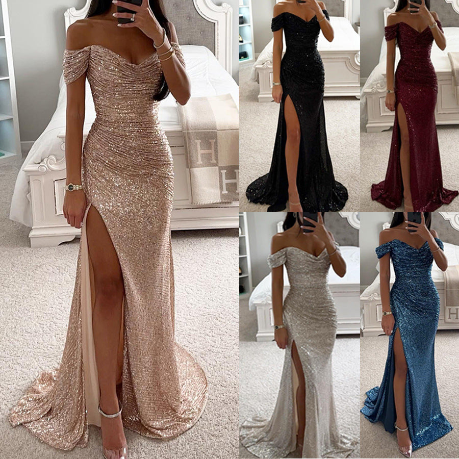 New Party Sequins One-word Collar Split Dress INS Casual Fashion Dress Women