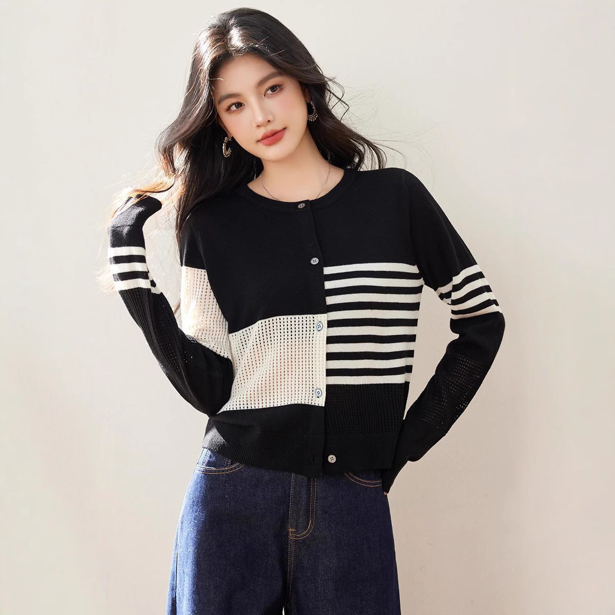 Spring New Korean Lazy Niche Irregular Hollow Texture Striped Crew Neck Cardigan Knitted Top Women