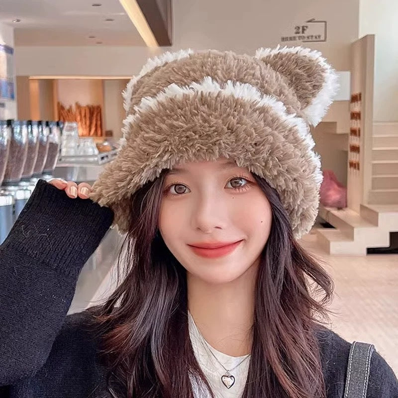 Cute bear wool hat female winter 2024 popular plush warm fluffy autumn and winter big head circumference knitted hat