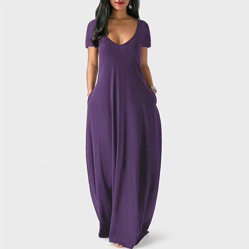 Summer Trending Plus Size Solid Color Maxi Dress - Sexy Deep V-Neck Short Sleeve