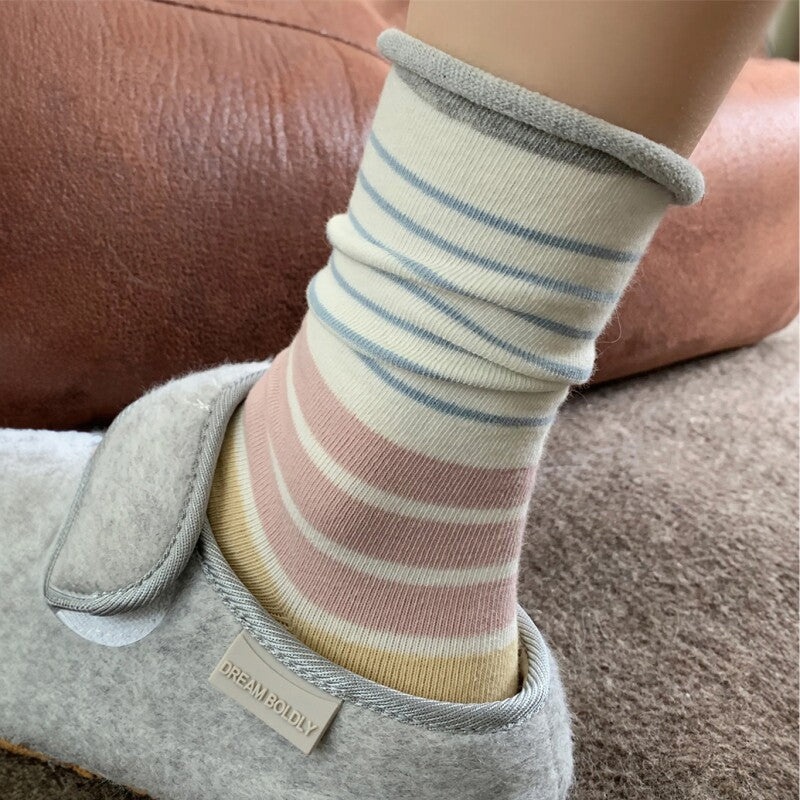 Striped Socks Women's Pure Cotton Medium Tube Spring Summer Color Matching New Thin Hemming College Wind Stacking Socks