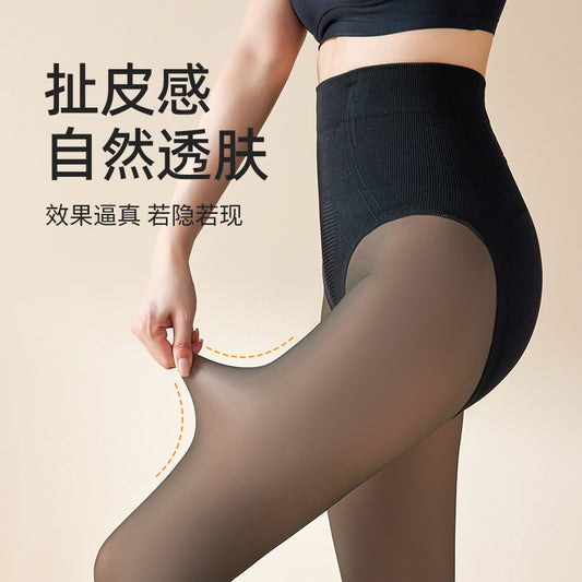 Black Silk Pantyhose Women's Autumn and Winter Velvet Thickened Bare-leg Artifact Fattened and Extended Hip Lift Black Skin-penetrating Water Socks