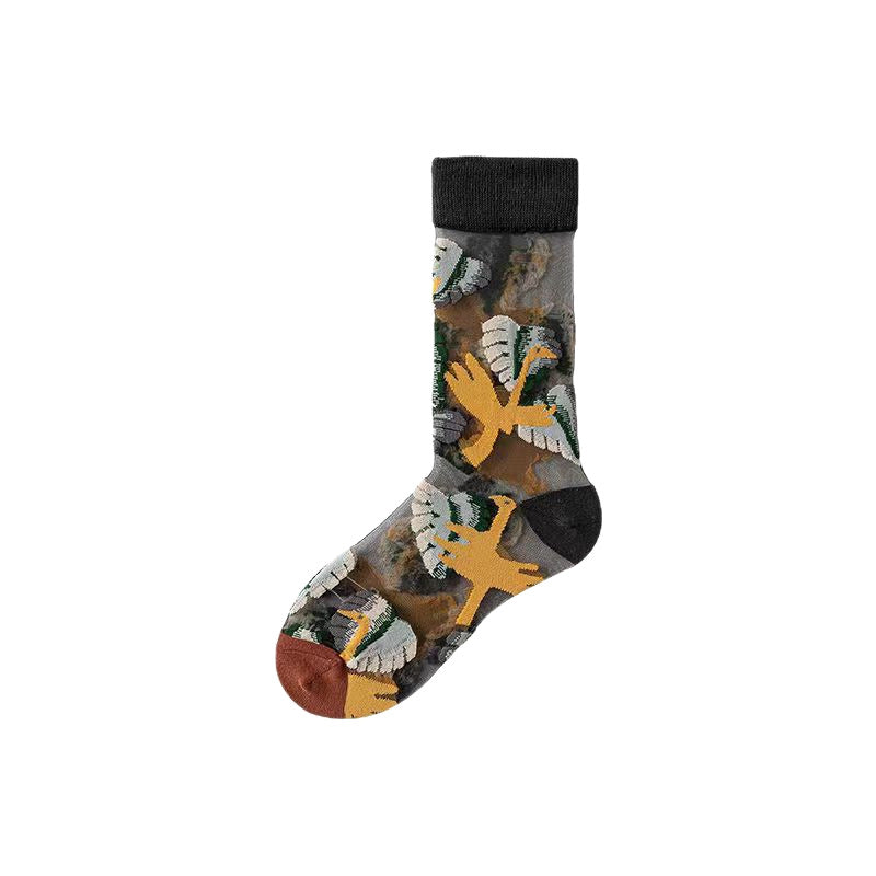 Spring and Summer Women's Socks, Thin Medium Tube Fashion Trendy Socks, European and American Style Flower Glass Stockings