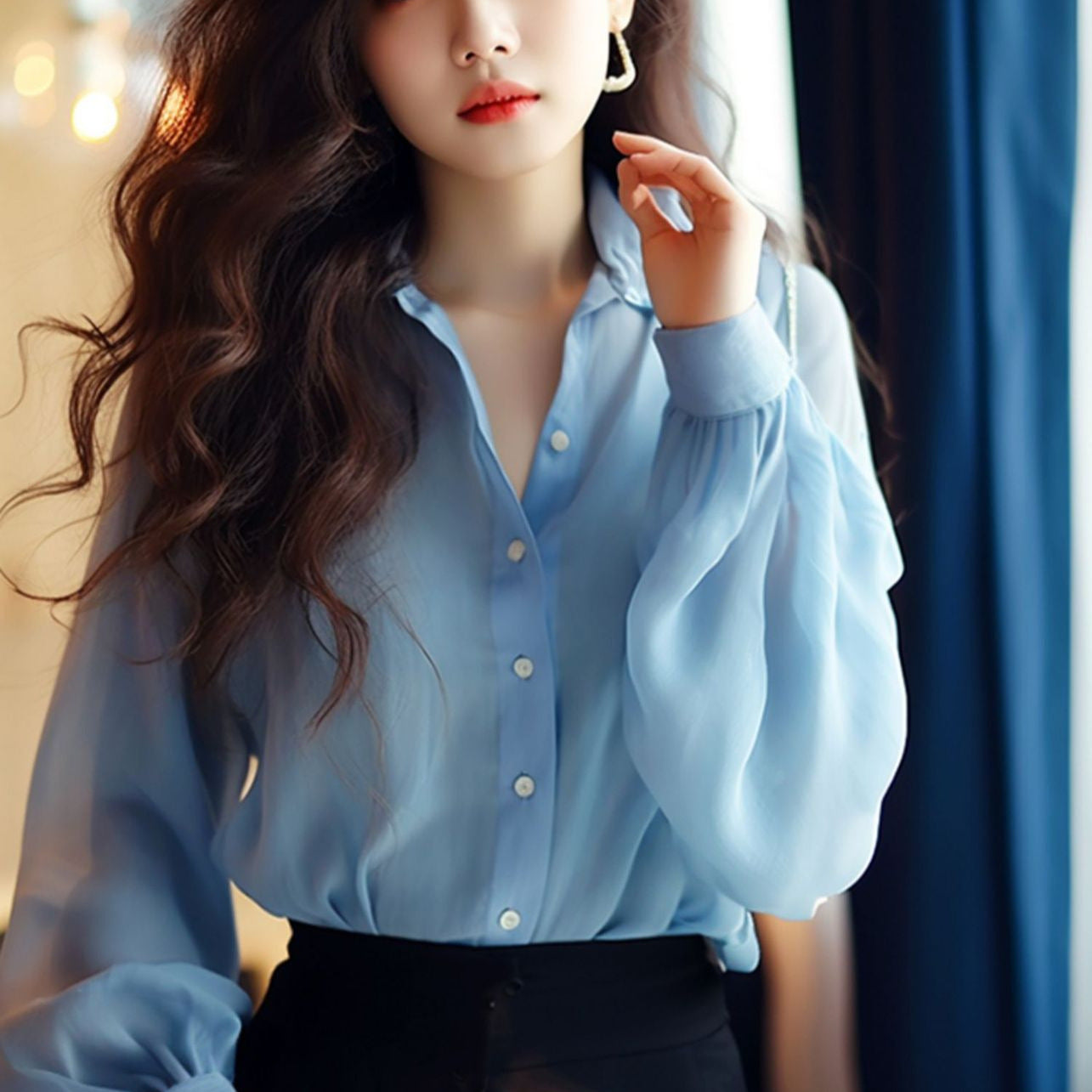 Healing Blue Crinkle Chiffon Top: Spring Airy Lantern Sleeve Blouse for Women - Work to Garden Minimalist Style