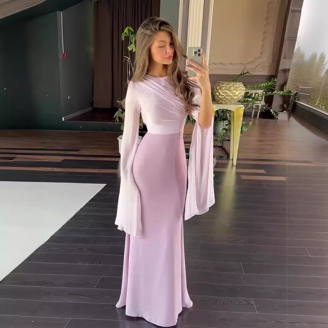 Elegant Summer Sheer Bell Sleeve Slim Satin Maxi Dress – Trendy Party Wear