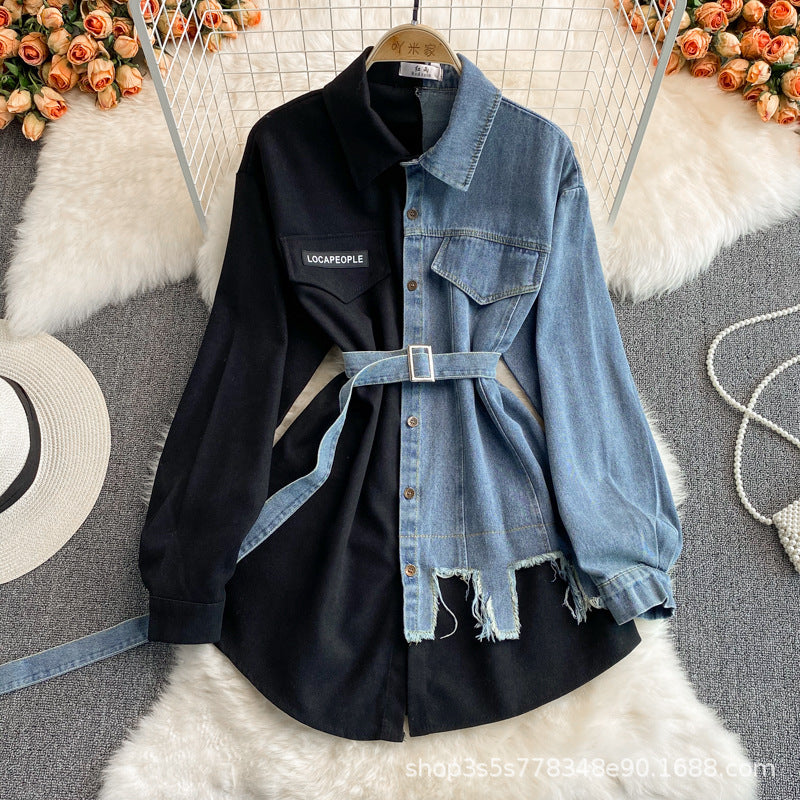 Denim Splicing Lapel Dress Spring and Autumn New Waist and Thin Irregular Medium and Long Shirt