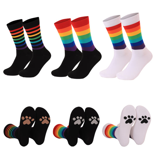 Medium Tube Socks New Rainbow Striped Elements Sweat-absorbing Deodorant Animal Footprints Men and Women Can Wear Medium Tube Socks