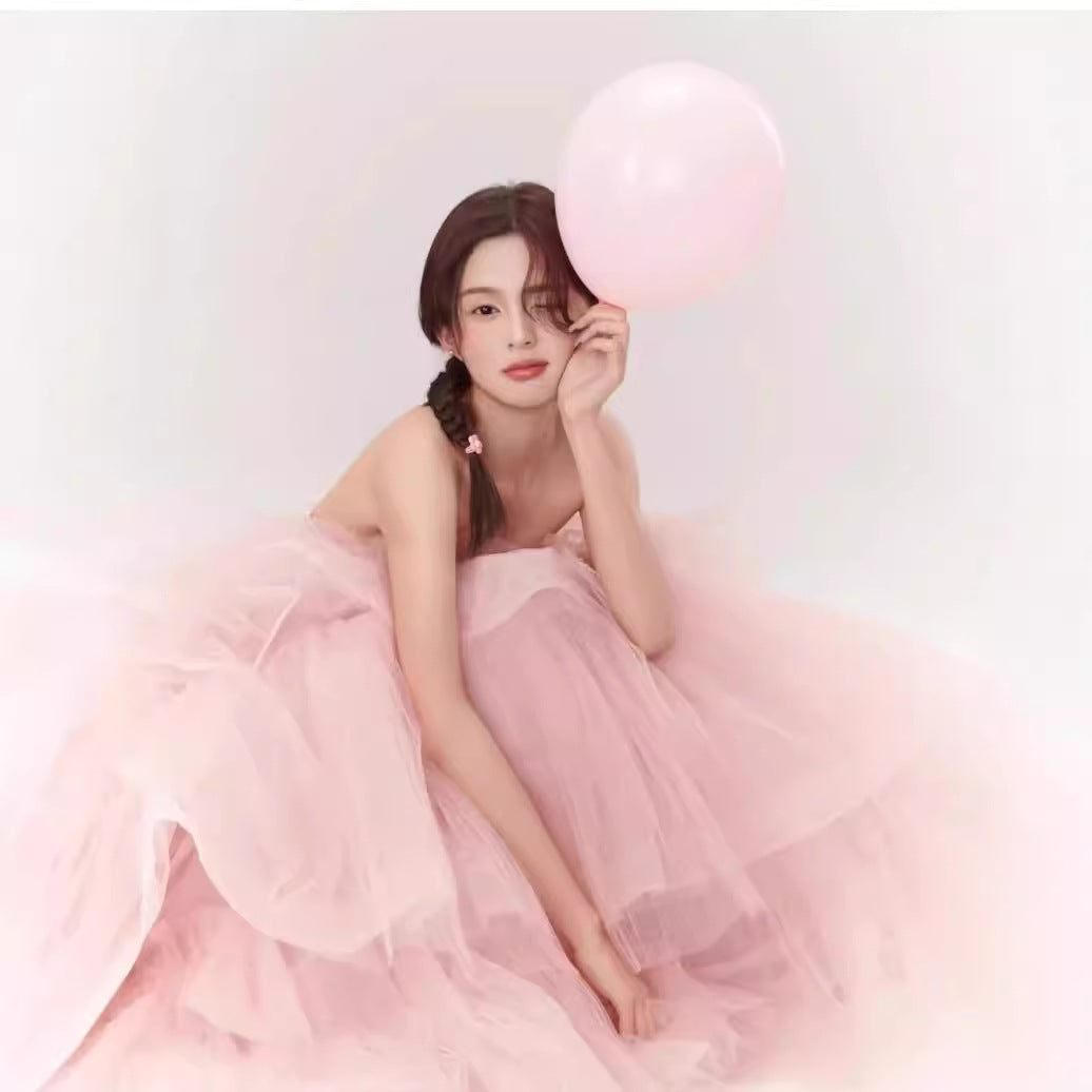 Pink Evening Dress Women's High-end Tube Top Light Wedding Dress French Banquet Light Dress Adult Dress Trailing Princess Dress