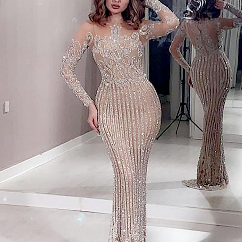 Long Dress Mid-waist Temperament Commuter Gold Sequins Solid Color Chest Wrap Elastic Gold Slim Dress