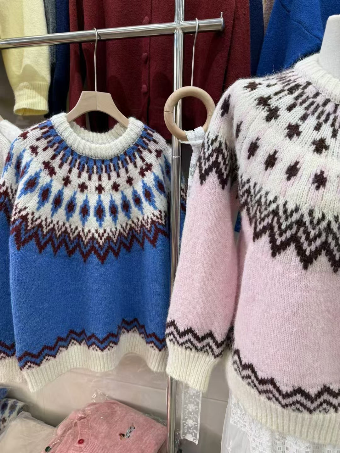 Pink Jacquard Sweater for Women's Autumn and Winter New Age-reducing College Style Pullover for Women