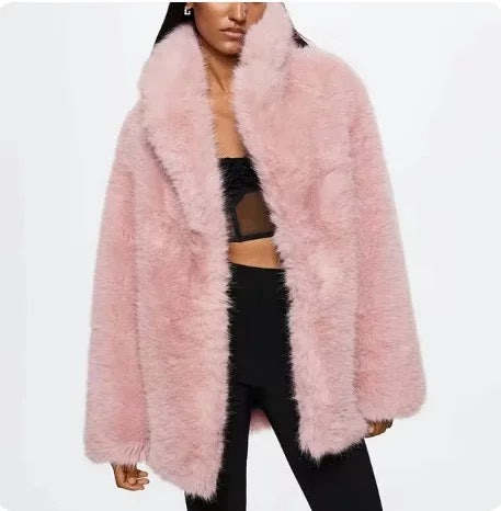 Teddy Luxe Faux Fur Coat Notch Lapel Long Sleeve Winter Warm Women’s