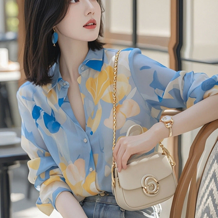 French Vintage Floral Print Chiffon Blouse | Feminine Relaxed Fit Lightweight Trans-seasonal Layer